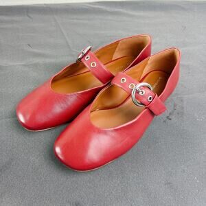 Reformation Bethany Red Leather Ballet Flats Silver Buckle 7